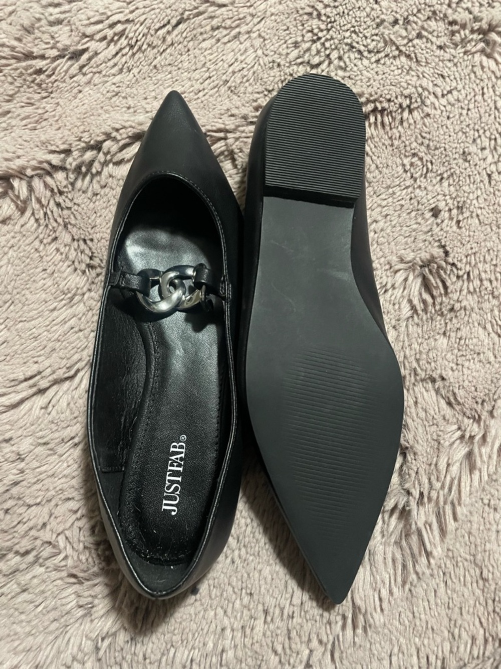 JustFab Black Pointed Toe Flats with Chain Accent